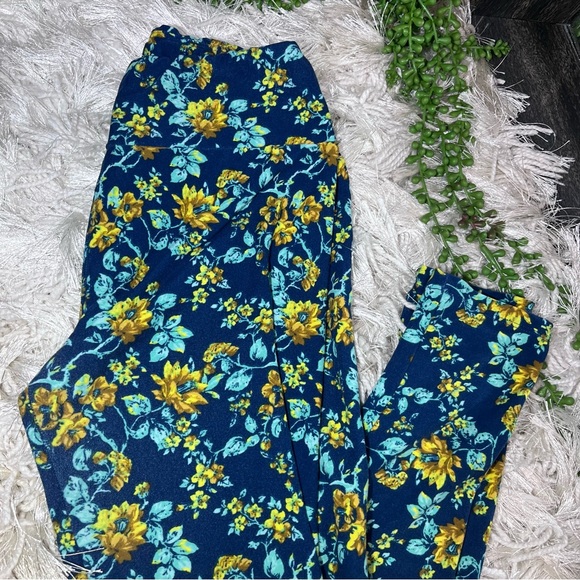 🌸5/$25🌸LulaRoe Floral Printed Blue & Yellow Leggings One Size - Picture 5 of 14